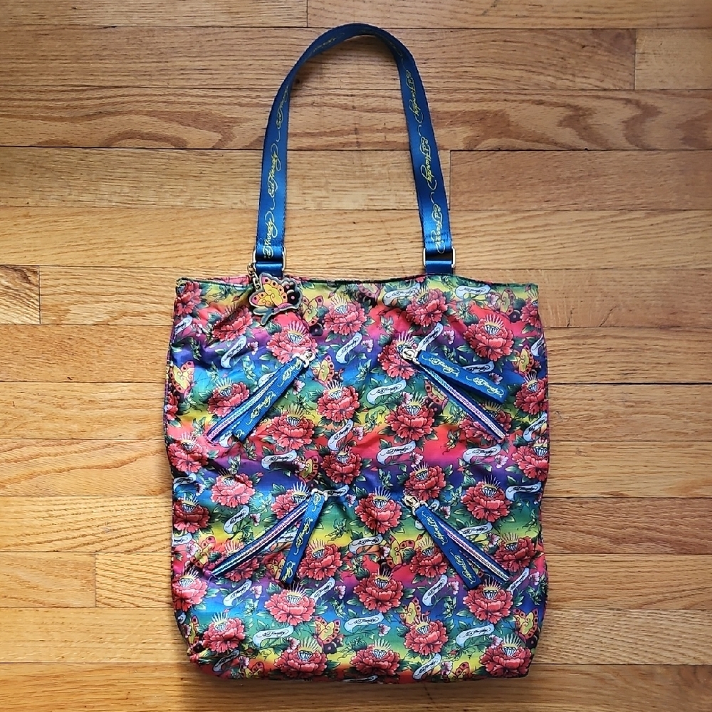 Vintage Y2K Ed Hardy Multicolor Floral Tote with Blue Straps